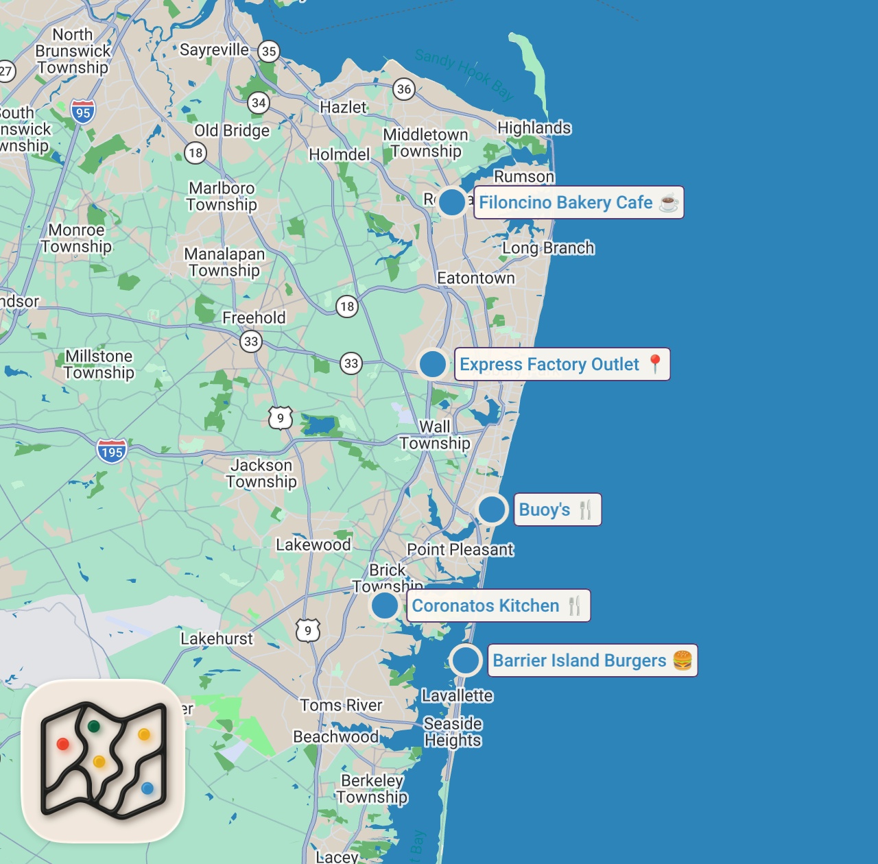 Map of 6 spots from A perfect off season day at the Jersey Shore.