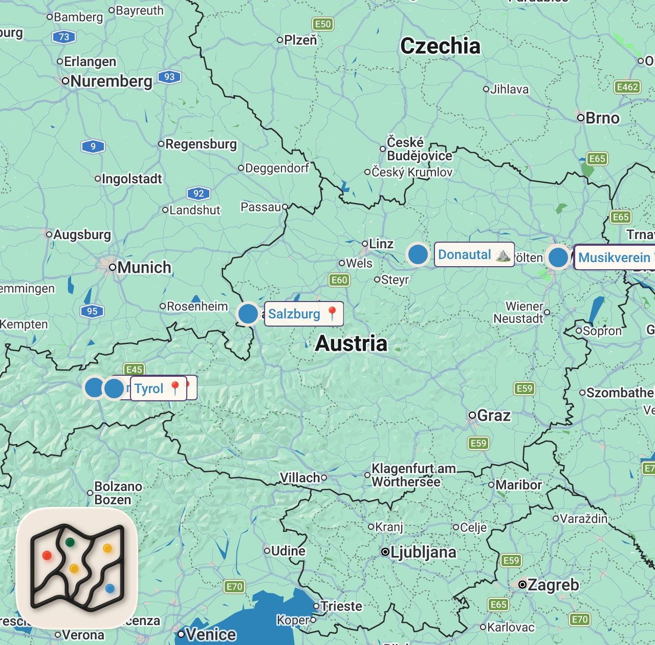 Map of 9 spots from Österreich entdecken: Fakten über Land, Leute und Leben im Herzen Europas 🇦🇹