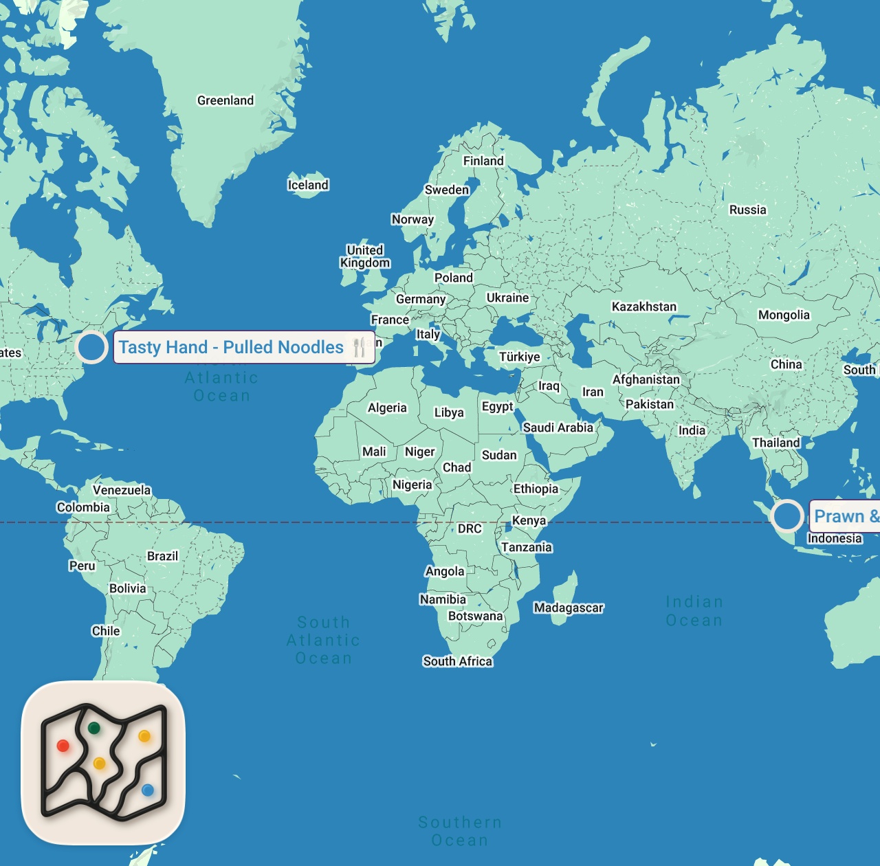 Map of 2 spots from Noodles of the World | Anthony Bourdain: No Reservations | Travel Channel