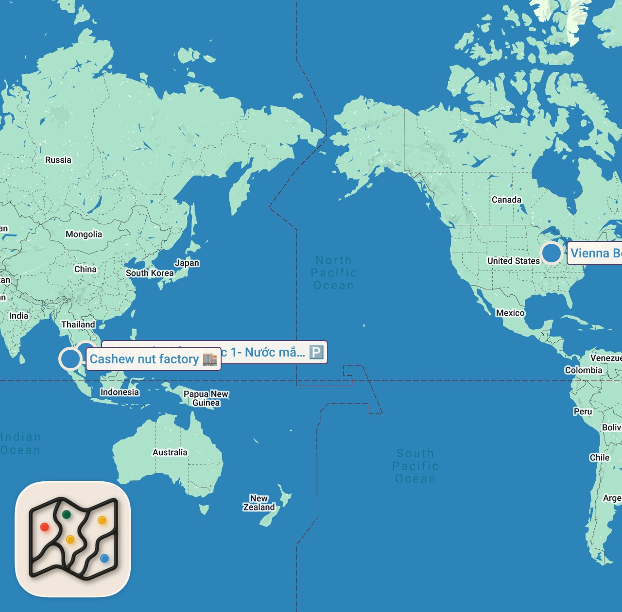 Map of 3 spots from Food Factory Tours | Bizarre Foods with Andrew Zimmern | Travel Channel