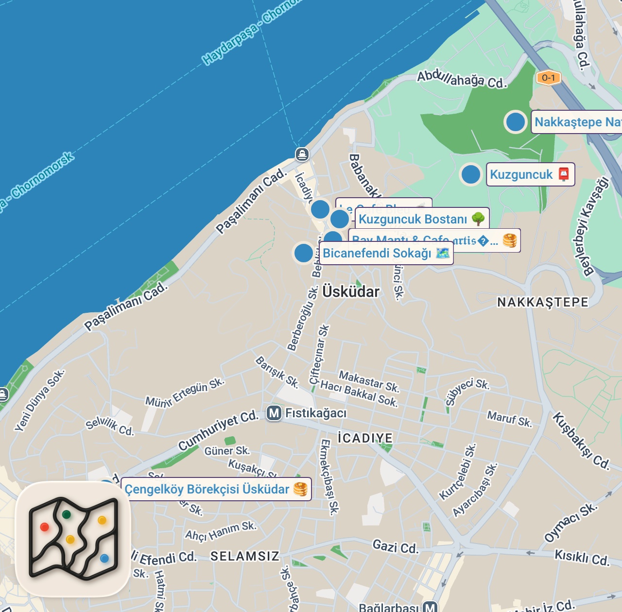 Map of 8 spots from Ziplining Over Bosphorus In Istanbul, Üsküdar, Türkiye (Grand Çamlıca Mosque, Nakkaştepe, Kuzguncuk)