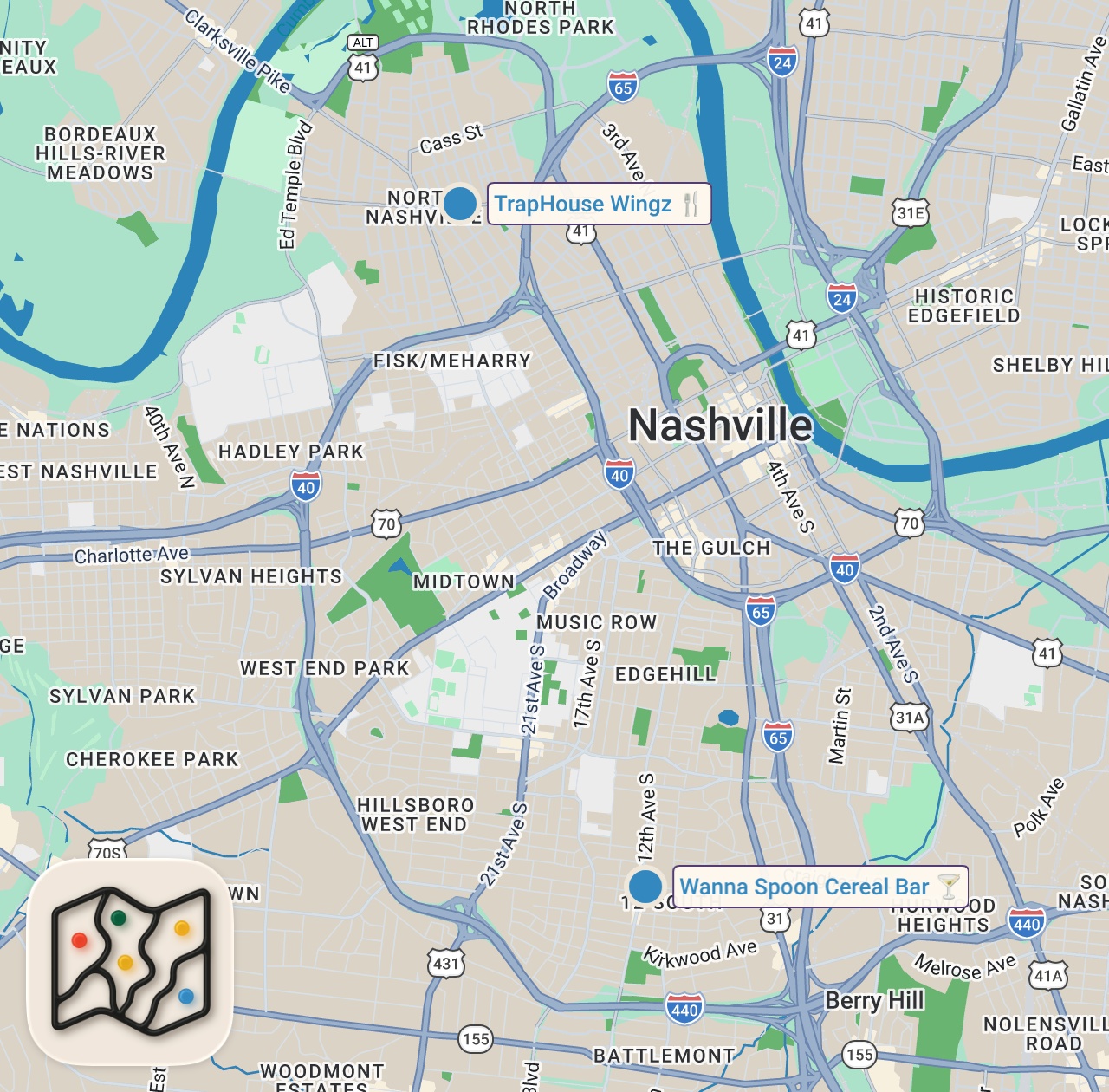 Map of 2 spots from Eating at VIRAL TikTok Restaurants For 24 Hours...