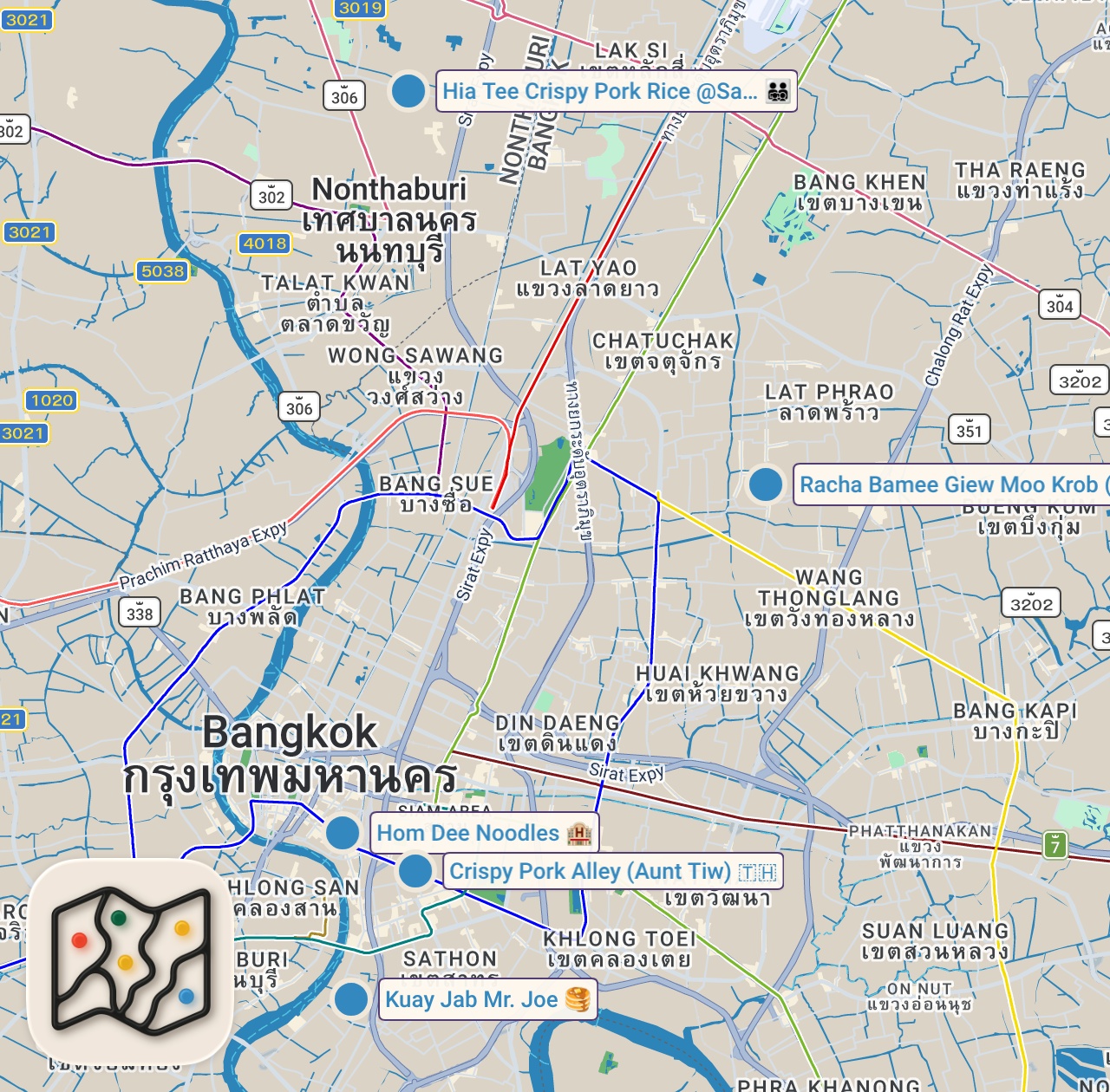 Map of 5 spots from Thailand’s KING of CRISPY PORK BELLY!! (Best Thai Street Food!)