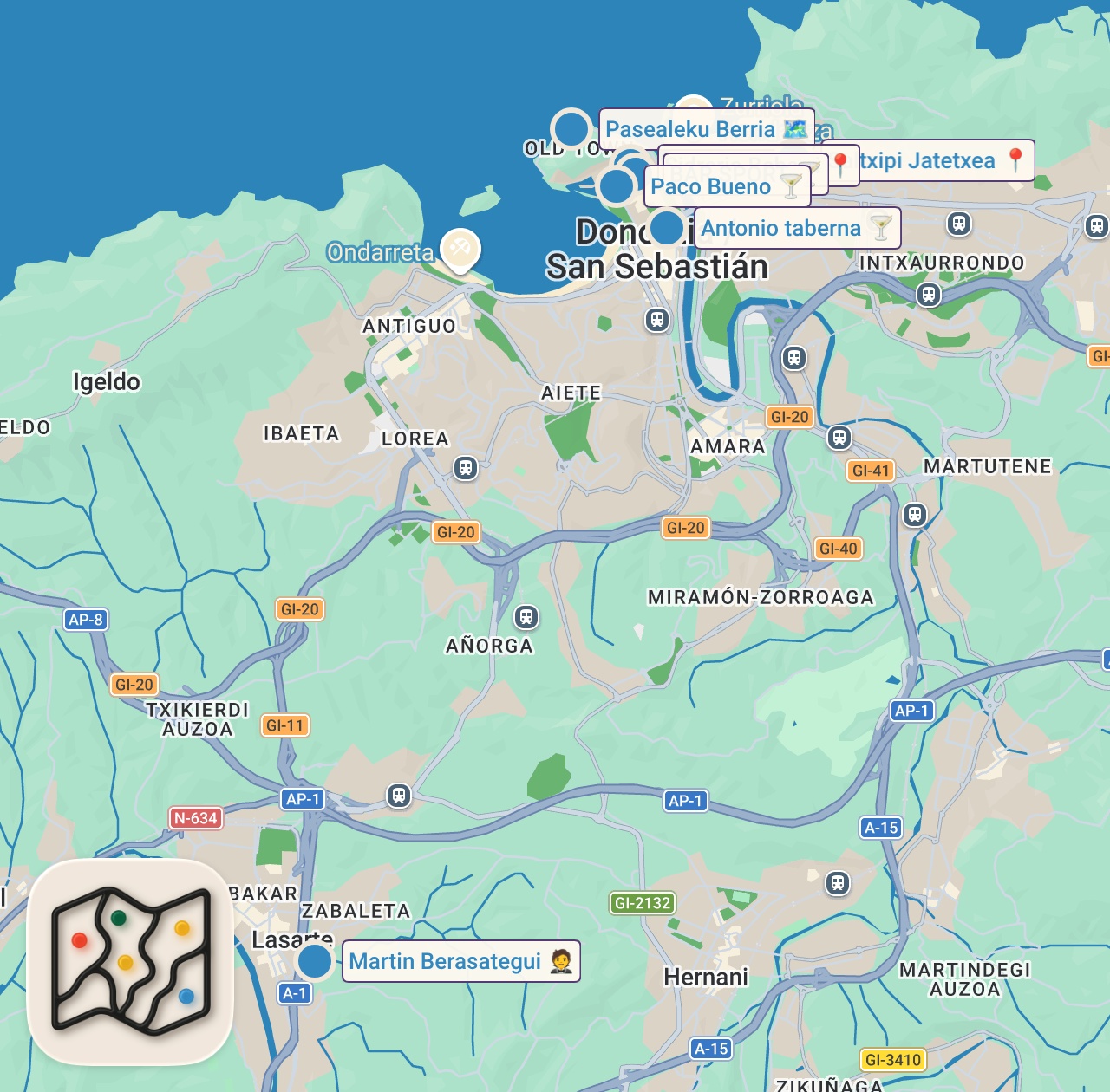 Map of 9 spots from Comiendo en San Sebastián 🇪🇸 La ruta del pincho