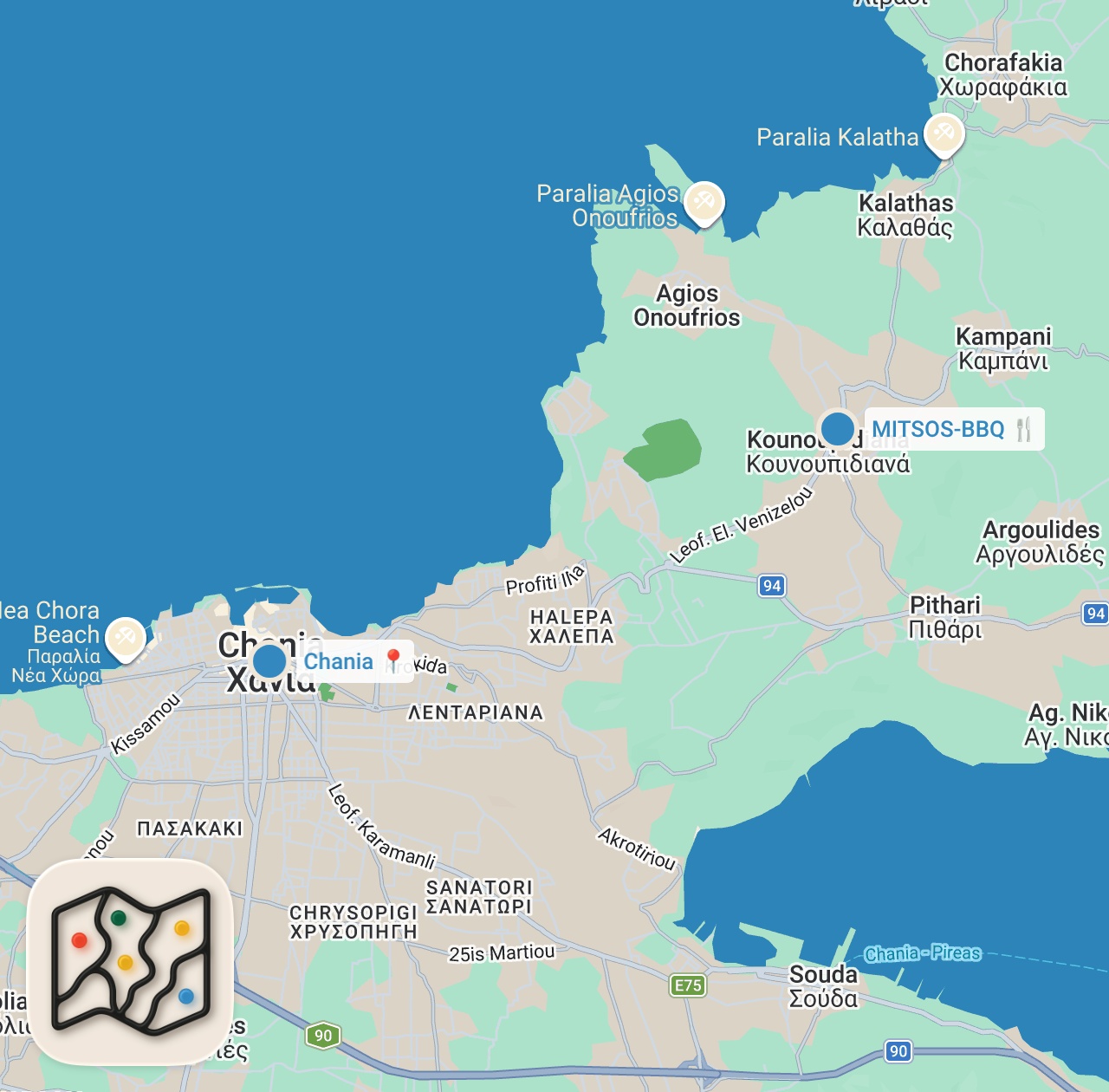 Map preview for Greek Surf & Turf in Crete 🇬🇷 Mitsos BBQ + Fresh-Caught Grouper Feast!
