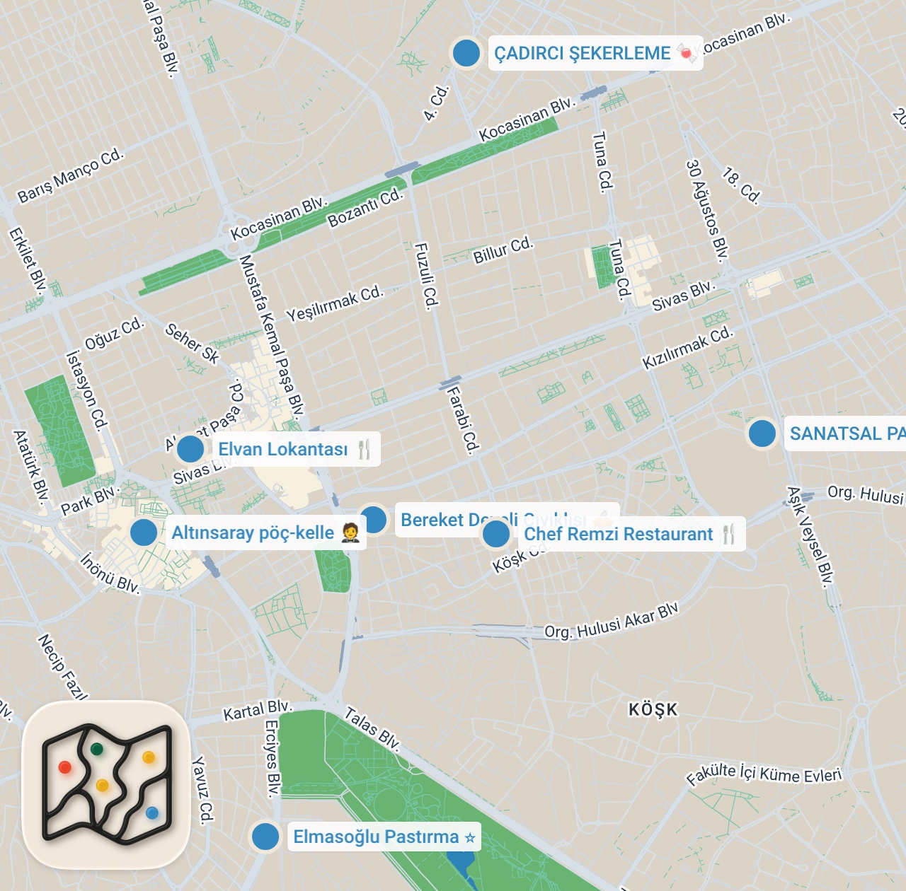 Map preview for KAYSERİ LEZZET REHBERİ | Mantı, Yağlama, Develi Cıvıklısı, Pöç Tandır