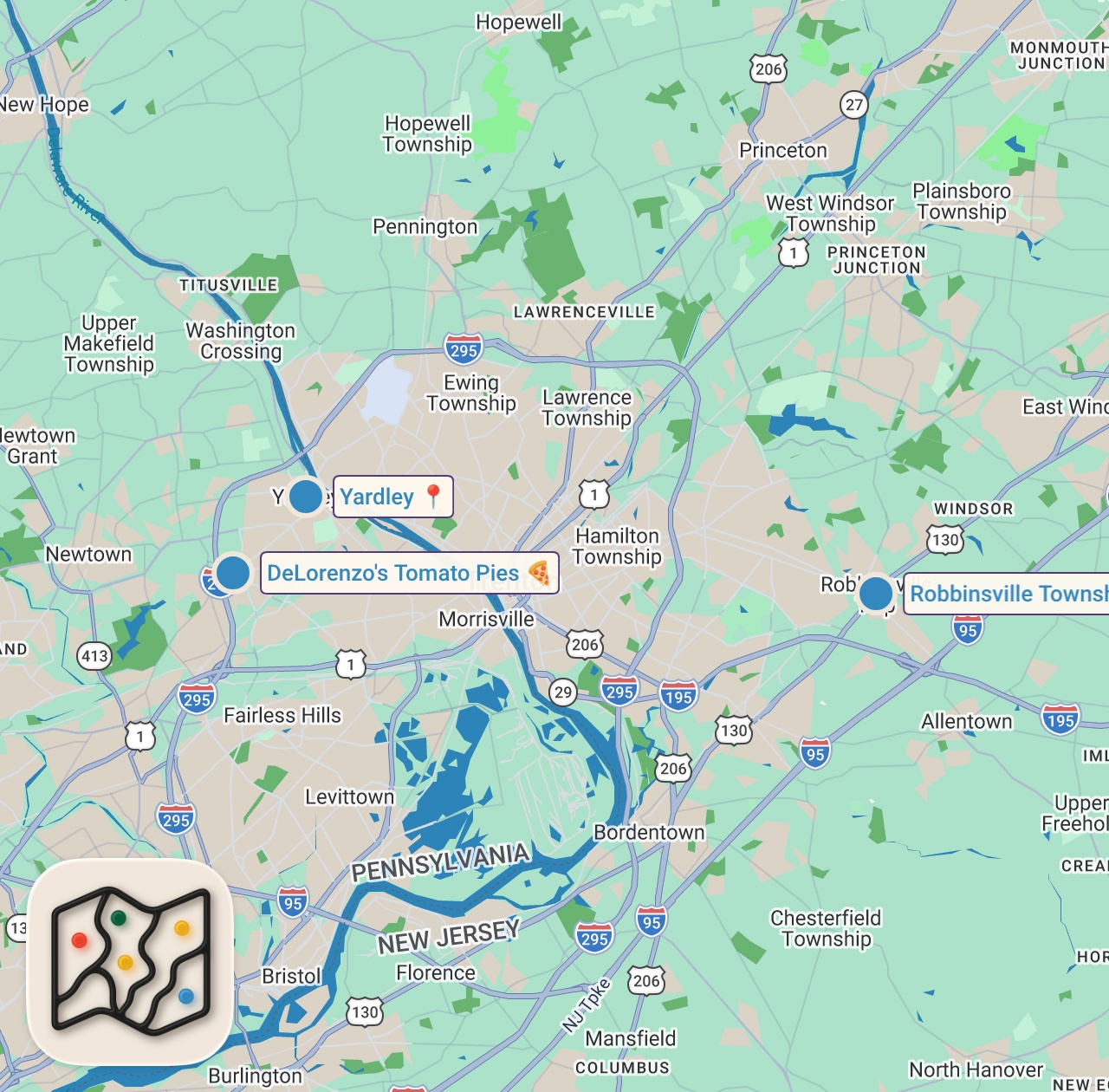 Map of 3 spots from One of the best pizzerias in Pennsylvania!