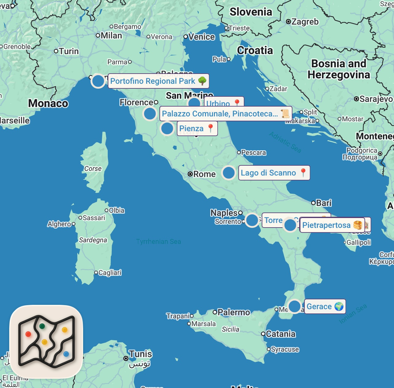 Map of 9 spots from 50 Tra i Borghi più Belli d’Italia | 4K Guida di Viaggio