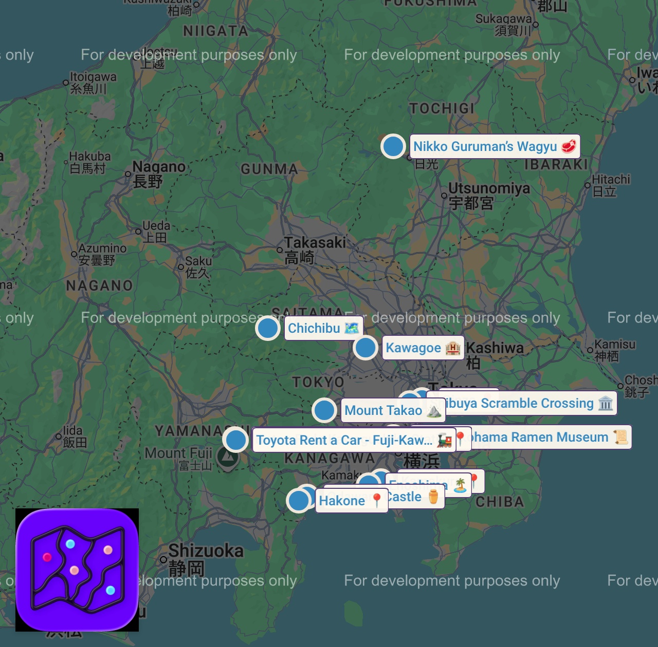 Map of 13 spots from Top 10 Easy Day Trips from Tokyo