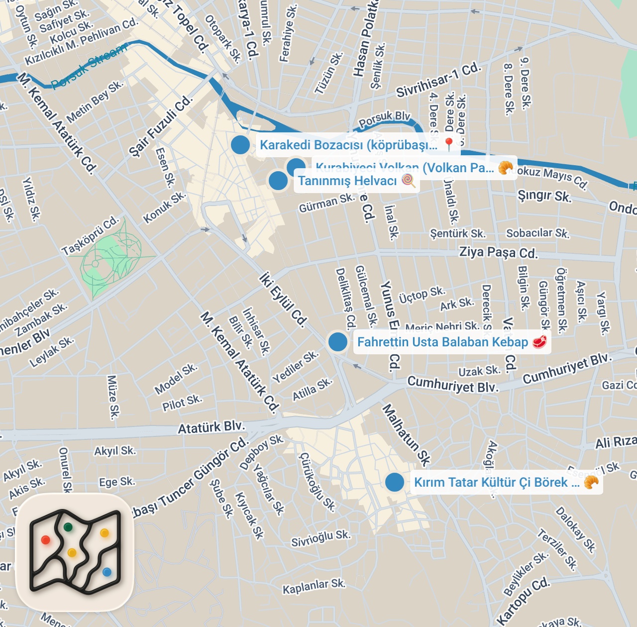 Map preview for ESKİŞEHİR LEZZET REHBERİ (Çi börek, balaban kebabı, met helva, haluja, boza) - Ayaküstü Lezzetler