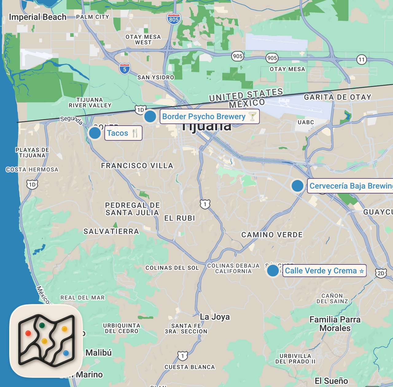 Map of 5 spots from The New Tijuana: Craft Beer, Gastronomy & Art